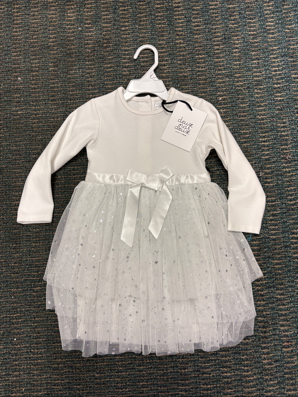 deux par deux White Sparkle Tulle Party Dress with Satin Bow